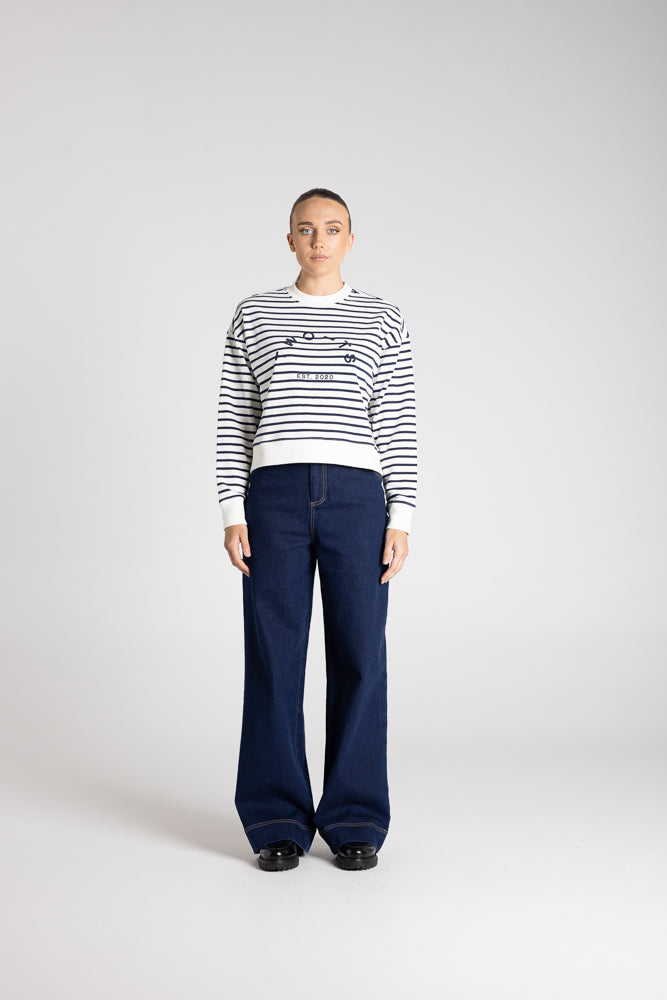 Two T's Stripe Sweat W/ Embroided Logo - Ink White