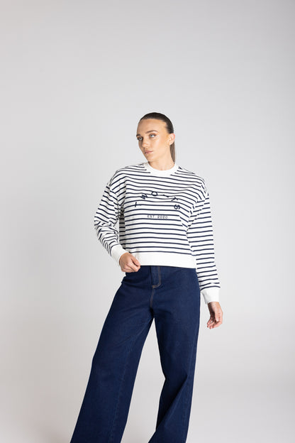 Two T's Stripe Sweat W/ Embroided Logo - Ink White