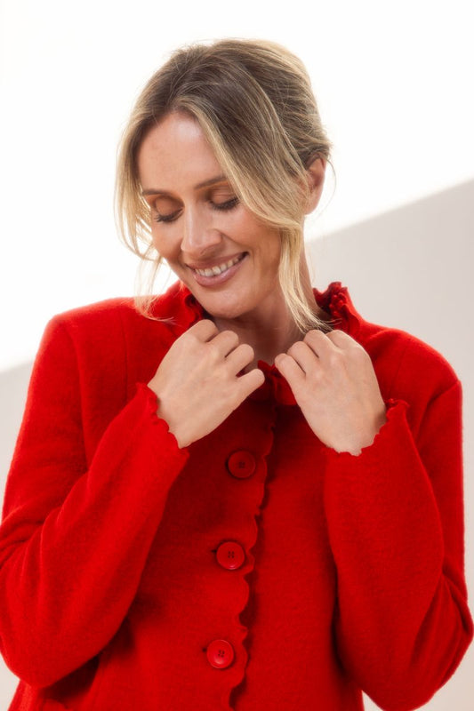 See Saw 100% Boiled Wool Ruffle Trim Jacket Red