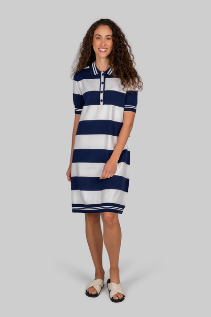 Kaleido Viscose Blend Collared Wide Stripe Polo Dress White / Navy