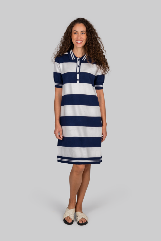 Kaleido Viscose Blend Collared Wide Stripe Polo Dress White / Navy