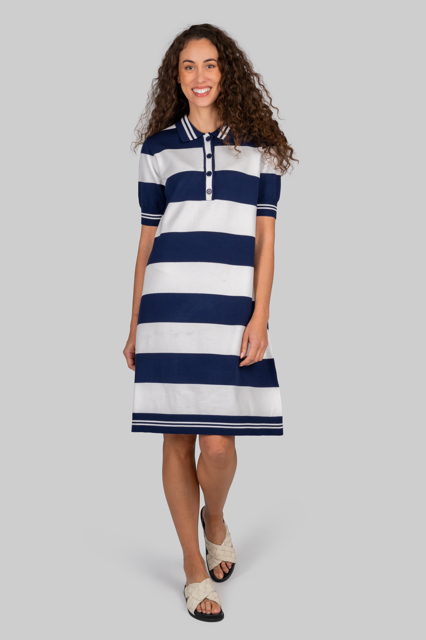 Kaleido Viscose Blend Collared Wide Stripe Polo Dress White / Navy