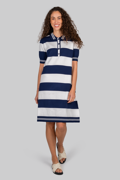Kaleido Viscose Blend Collared Wide Stripe Polo Dress White / Navy