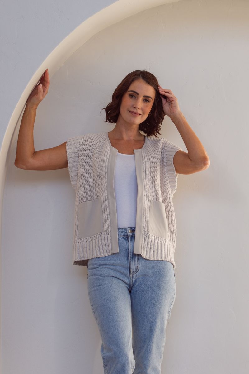 See Saw Woven Trim Knit Vest Stone