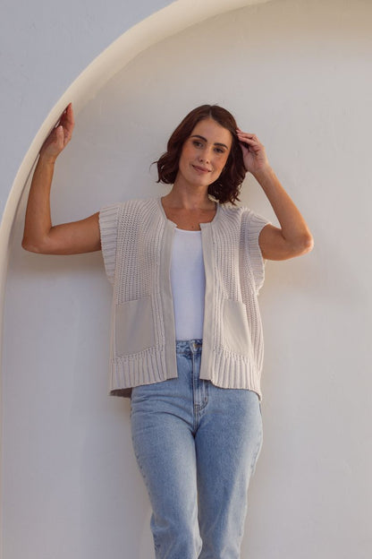 See Saw Woven Trim Knit Vest Stone