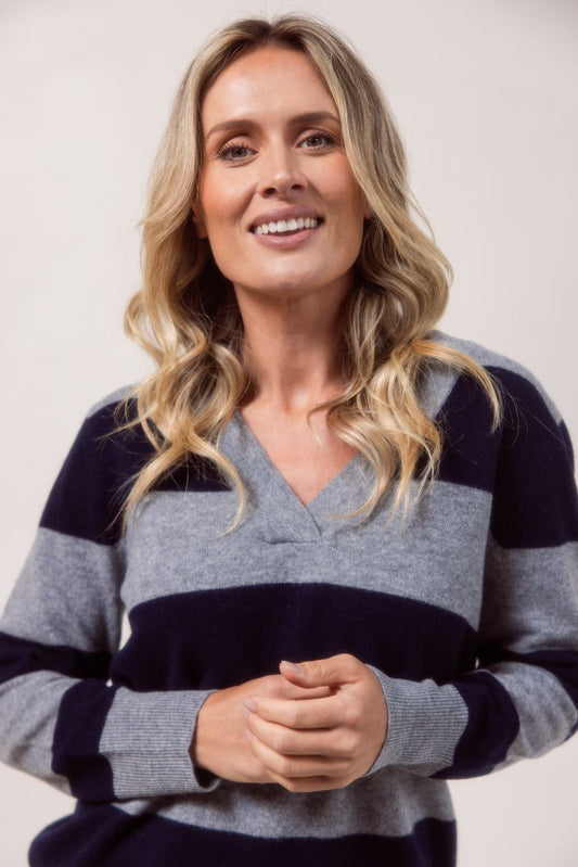 See Saw 100% Merino Wool V Neck Block Stripe Silver Navy