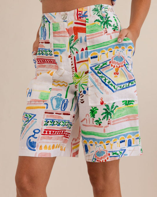 Kaleido 100% Linen Elastic Waist 2 Pocket Short - Marrakesh