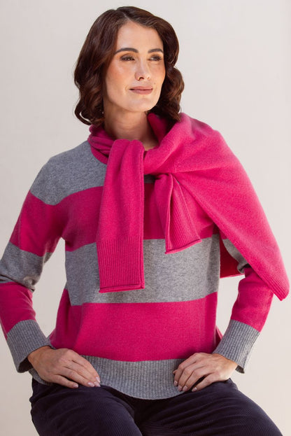 See Saw 100% Merino Wool (Cashfeek_) Wide Stripe Sweater Pink/ Grey