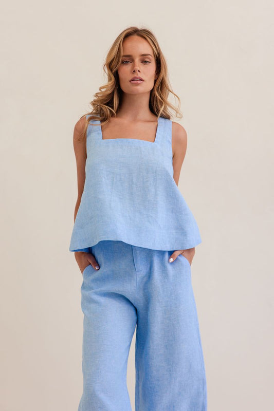 Kaleido 100% Linen Square Neck Tank - Chambray