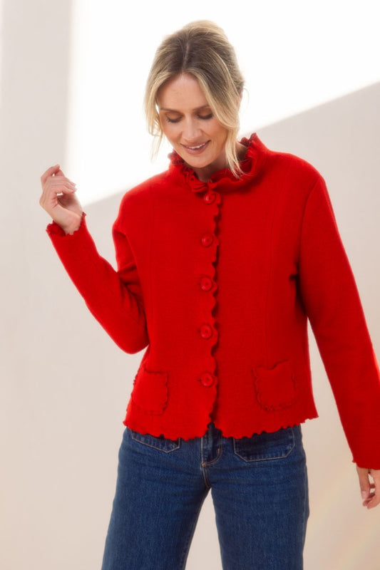 See Saw 100% Boiled Wool Ruffle Trim Jacket Red
