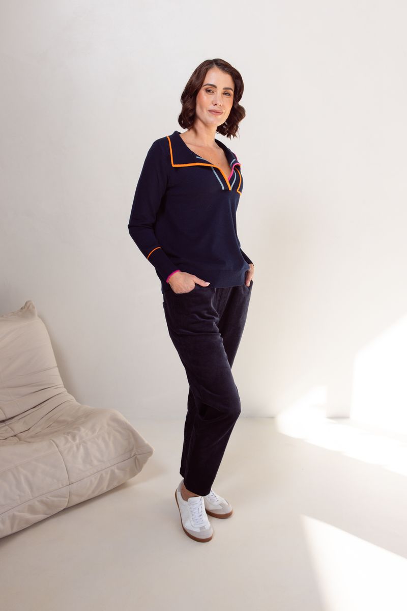 See Saw Wool Blend Collared Trim Sweater Night Sky/ Magenta / Tango