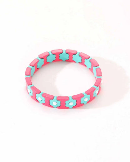 Colourful Enamel Stacking Bracelet Collection in Gold & Silver: Gold Tubey Hot Pink