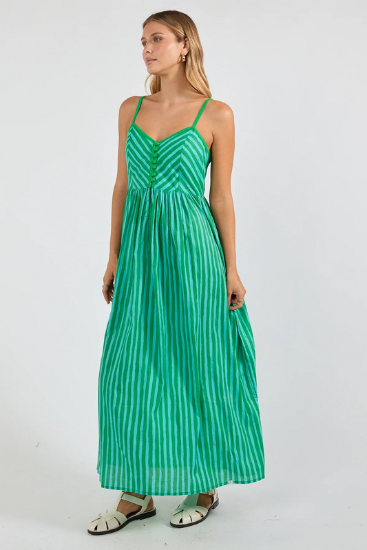 Green Striped Maxi Sundress with Adjustable Spaghetti Straps and Fitted Bodice