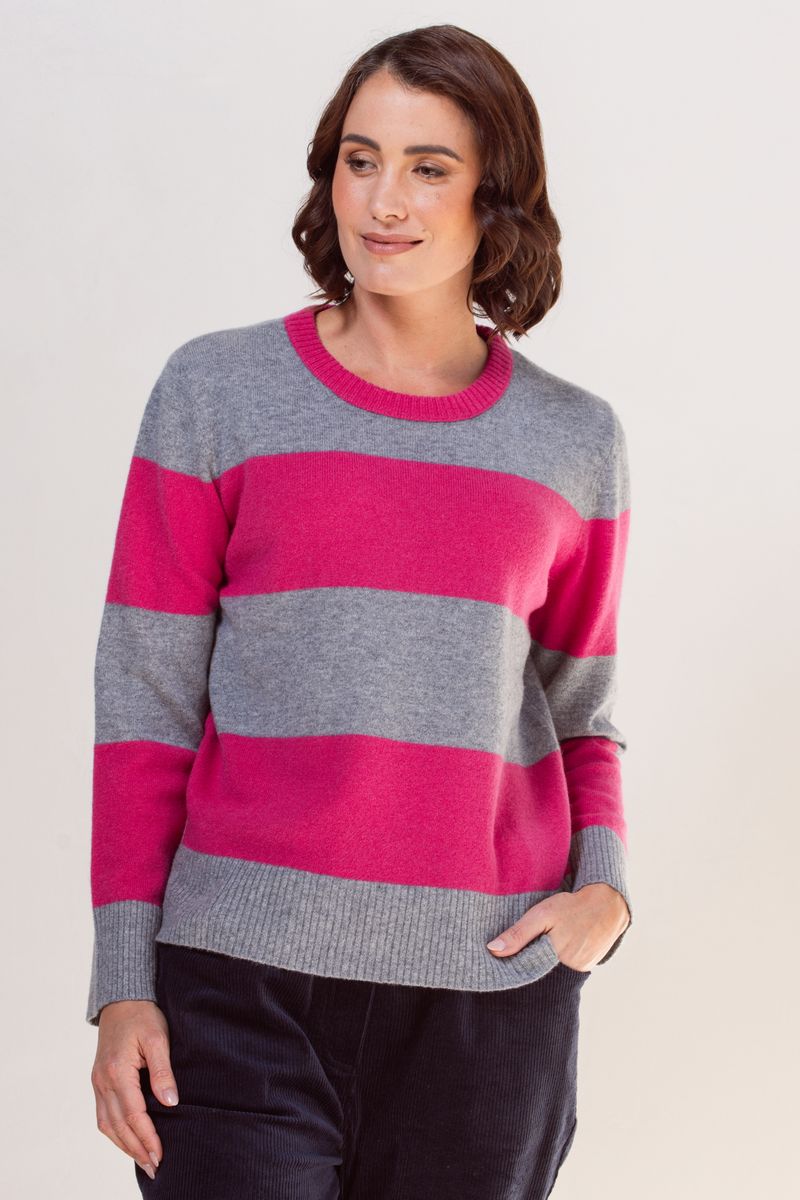 See Saw 100% Merino Wool (Cashfeek_) Wide Stripe Sweater Pink/ Grey