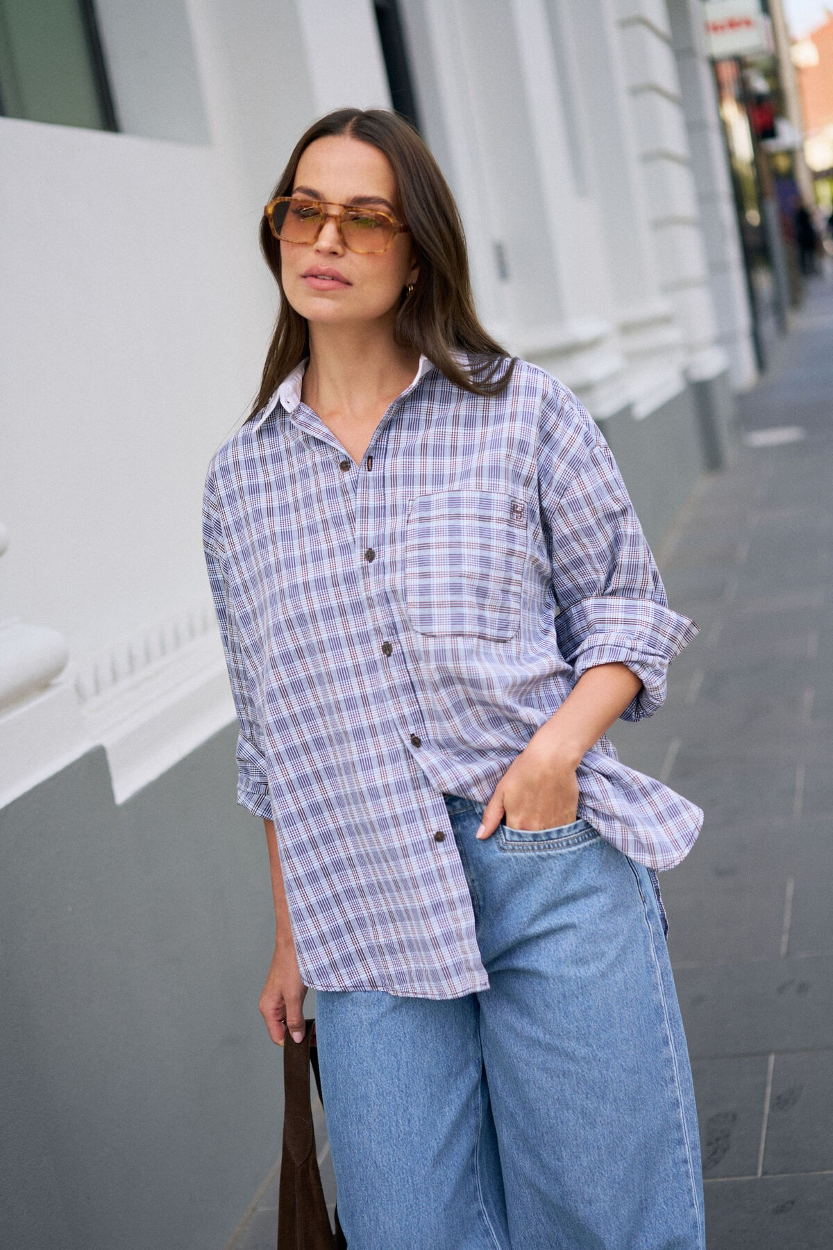 Ceres Life Peta Oversized Shirt - Blue Chocolate Check