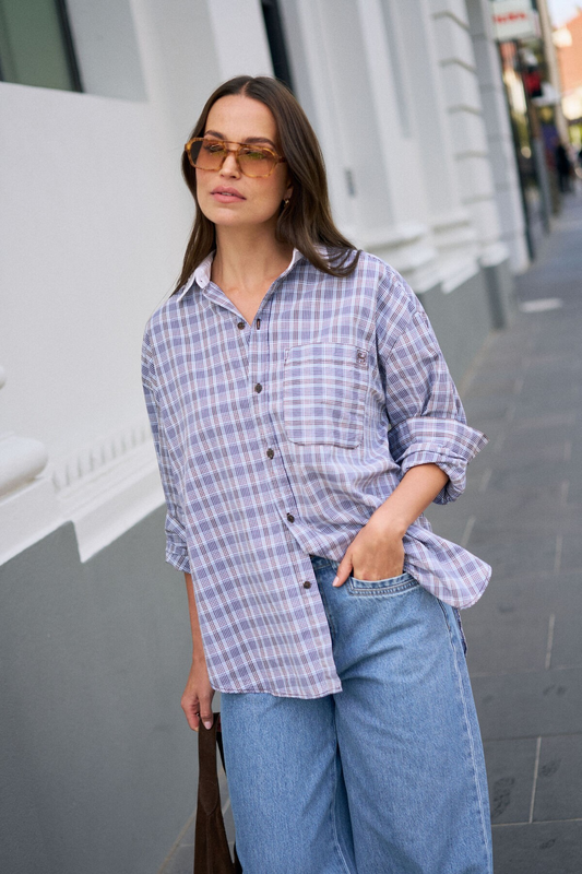 Ceres Life Peta Oversized Shirt - Blue Chocolate Check