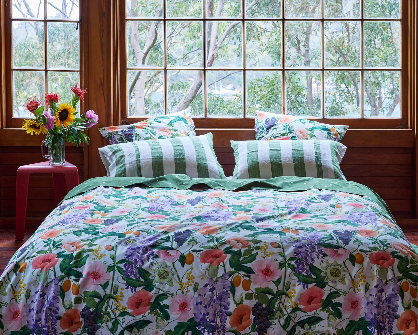 Kip & Co Moss Green Stripe Linen Pillowcase set