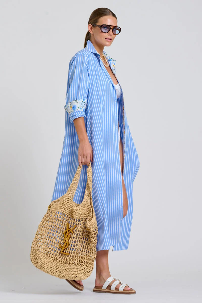 Shirty Luna Oversized Long Line Shirt Dress - Blue Stripe Floral Trim