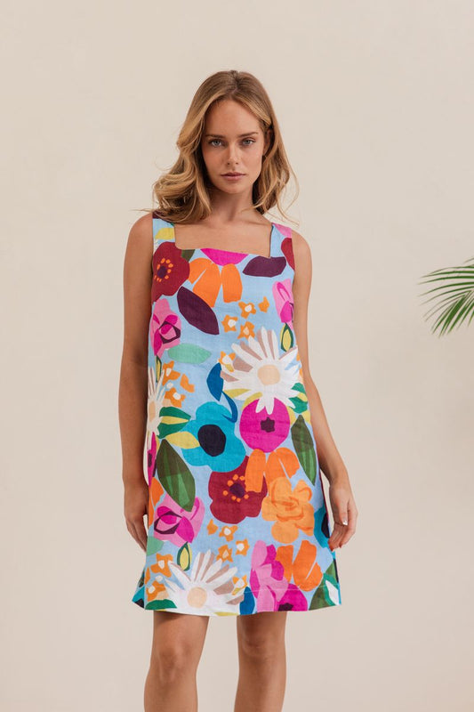 Kaleido 100% Linen Square Neck Shift Dress - Bloom Burst