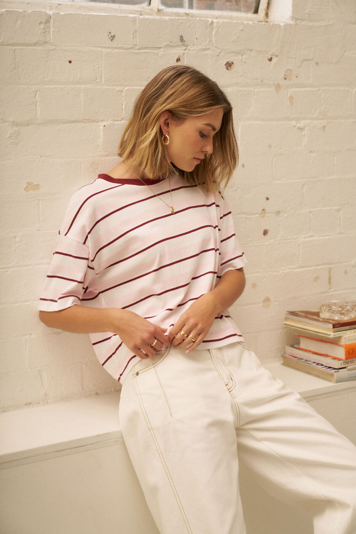 Ceres Life Brea Boxy Tee - Sunfaded Pink/Mulberry Stripe