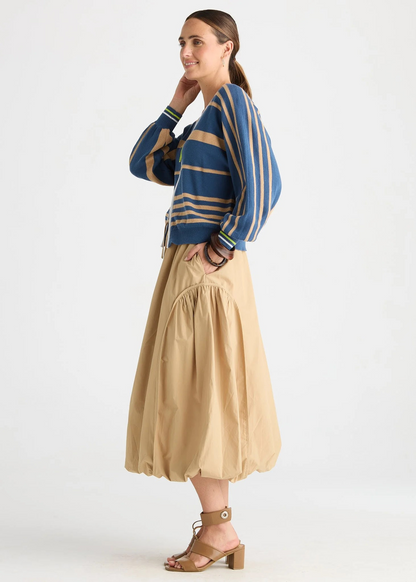 Zaket & Plover Statement Zip Cotton Stripe Cardi - Sea Blue/Camel Stripe