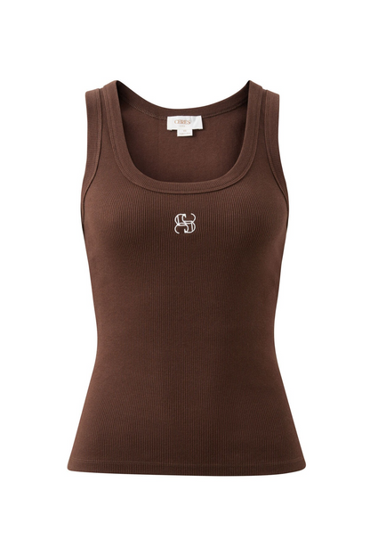 Ceres Life Zoe Contour Rib Scoop Tank - Chocolate/Monogram Embroidery