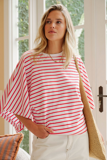 Ceres Life Lucy Relaxed Sleeve Tee - White/ Heritage Red Stripe