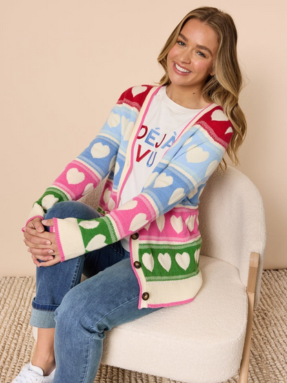 Threadz Chic Hearts Knit Cardi - Pink/ Multi