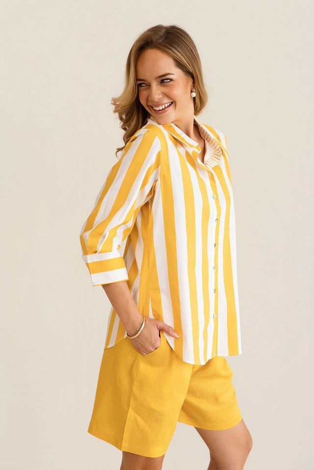 Kaleido 100% Cotton 3/4 Sleeve Classic Shirt - Mango Block Stripe