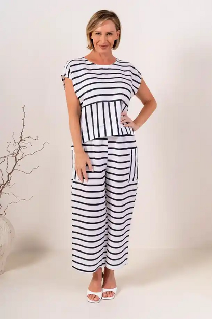 See Saw 100% Linen Cap Sleeve Top - Navy/White Stripe