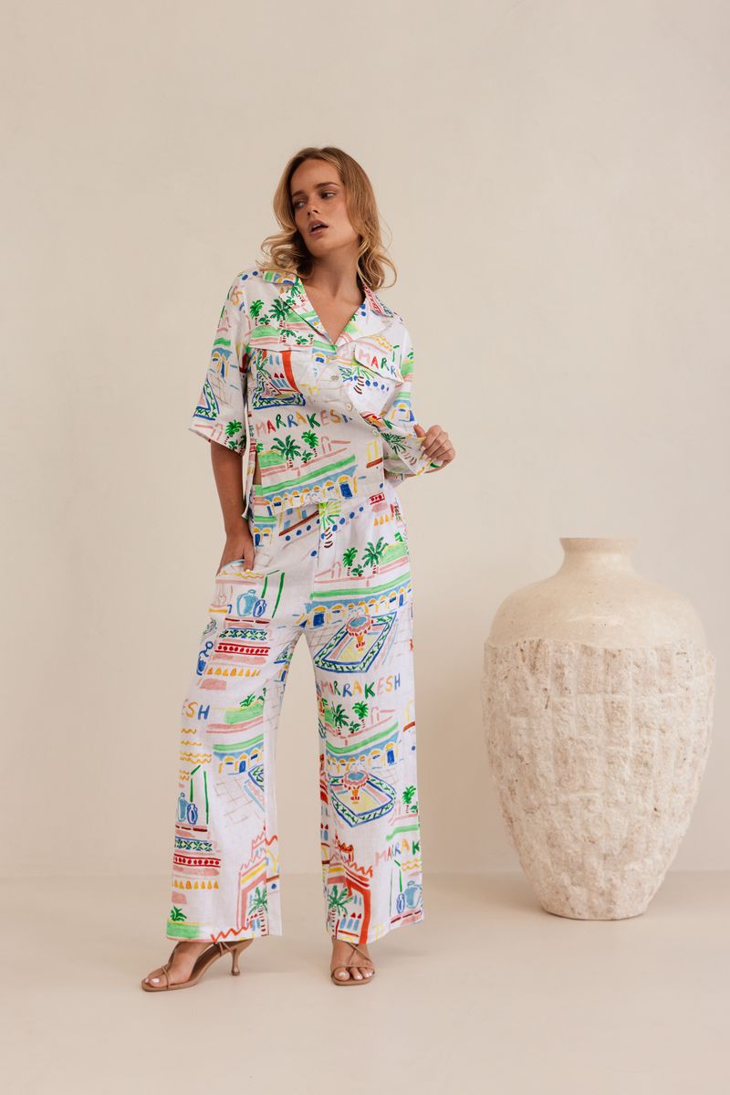 Kaleido 100% Linen High Waisted Wide Leg Pants - Marrakesh