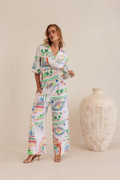 Kaleido 100% Linen High Waisted Wide Leg Pants - Marrakesh