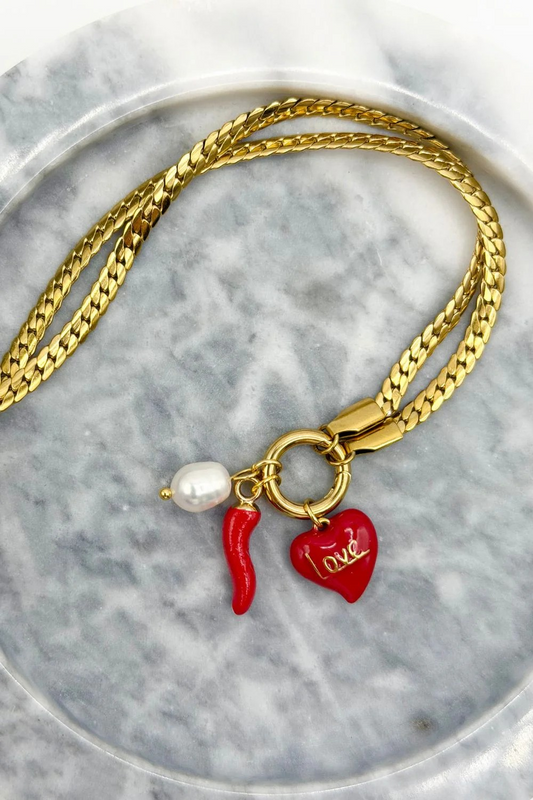 Mosk Melbourne Red Hot Love Me Charm Necklace | gold snake chain