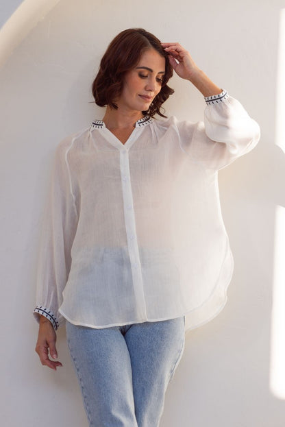 See Saw 100% Rami 3/4 Sl Embroidery Detail Shirt White