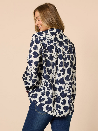 Threadz Luna Heart Print Shirt - Navy/ Ivory