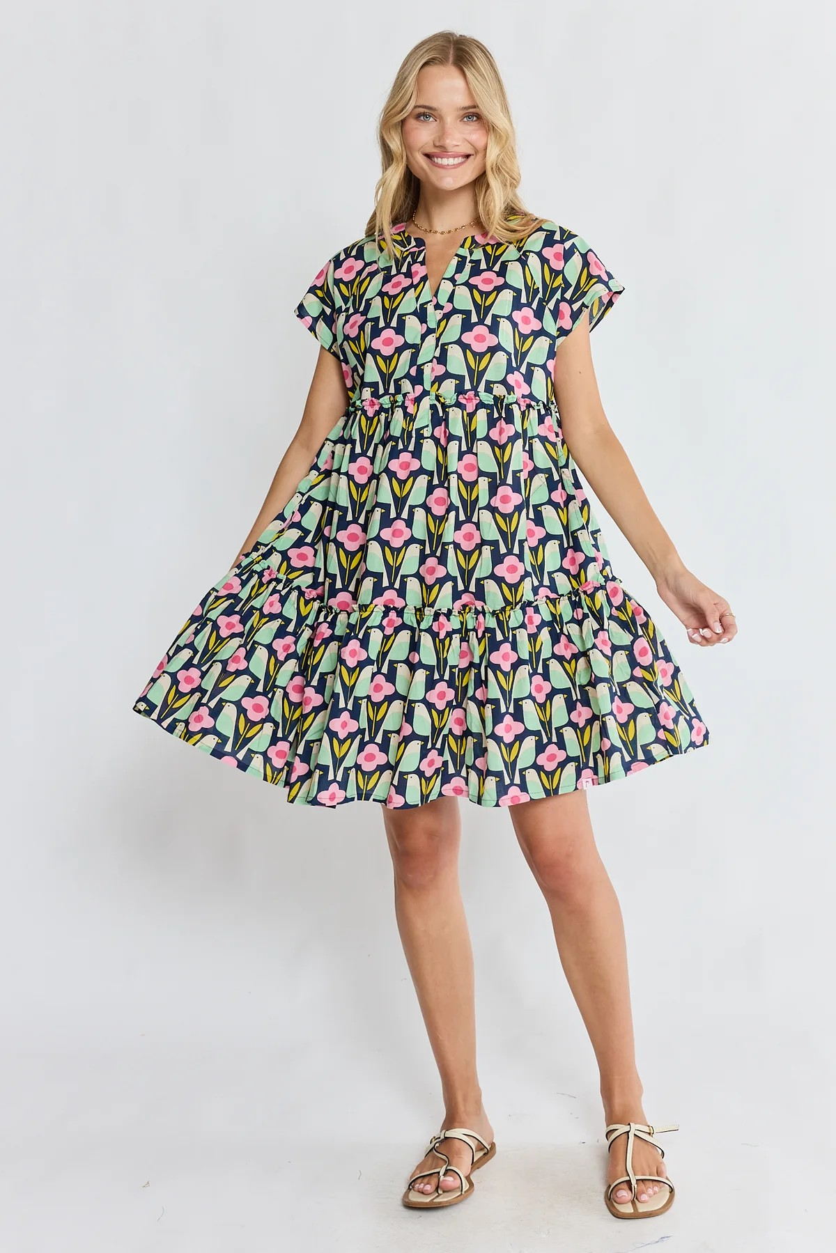Ibisa Maya Tiered Dress in Navy with Floral and Bird Geo Print