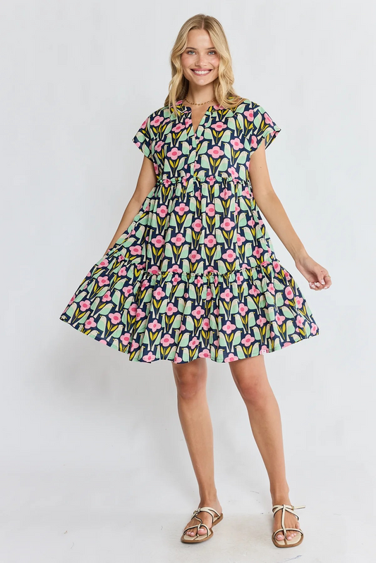 Ibisa Maya Tiered Dress in Navy with Floral and Bird Geo Print