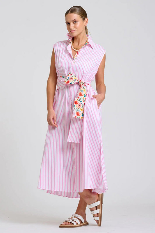 Shirty Sloane Oversized Sleeveless Shirt Dress - White with Pink Stripe Floral Trim