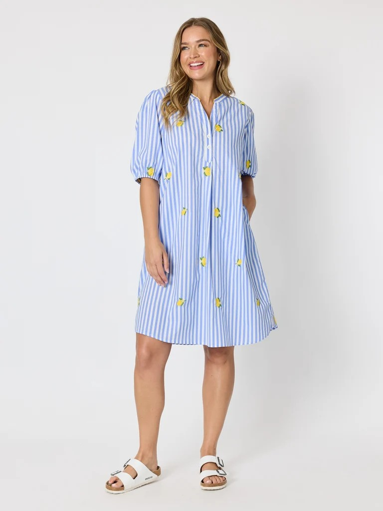 Threadz Spritz Embroidered Stripe Print Dress - Blue/White