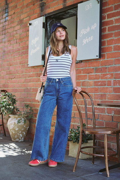 Ceres Life Zoe Contour Rib Scoop Tank - White/New Navy monogram embroidery