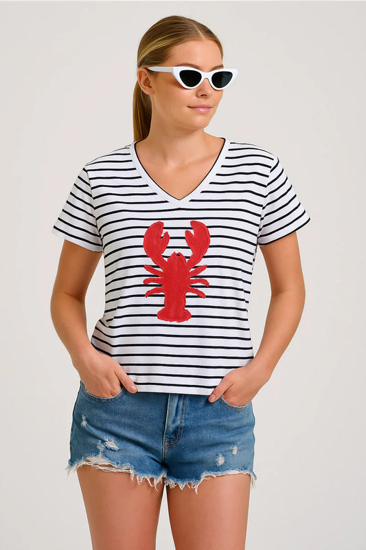 Shirty The V-neck Applique Lobster T-shirt - Navy Stripe/Red