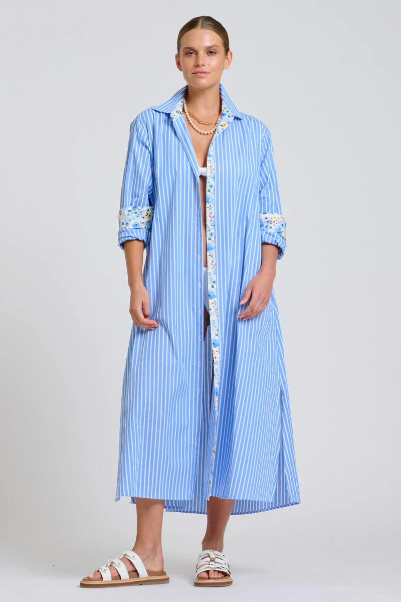 Shirty Luna Oversized Long Line Shirt Dress - Blue Stripe Floral Trim