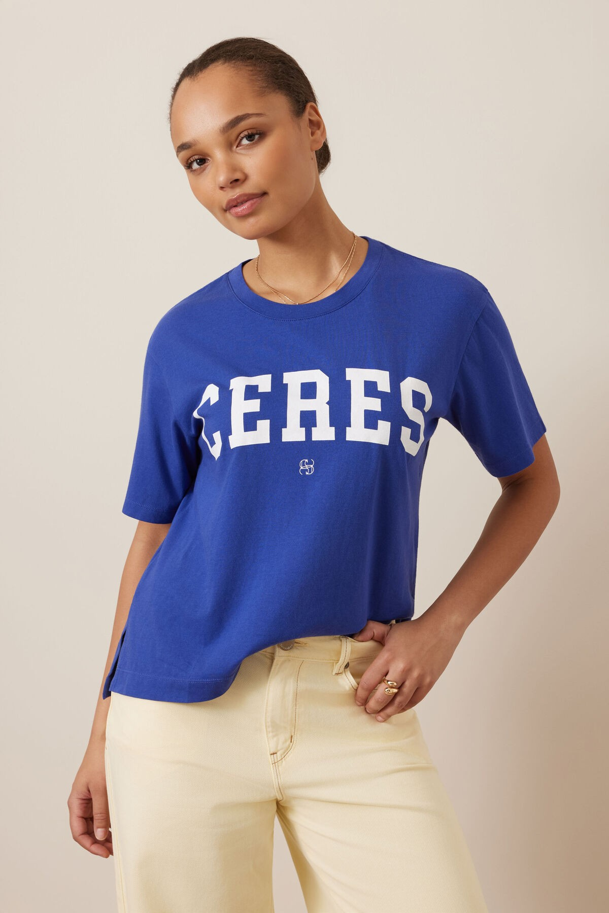 Ceres Life Stevie Slouchy Tee - Polo blue/Marshmallow varsity