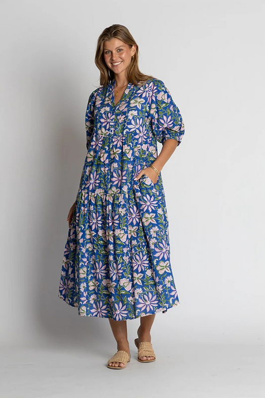 Blue Floral IBSA Minnesota Midi Dress with Sleeves