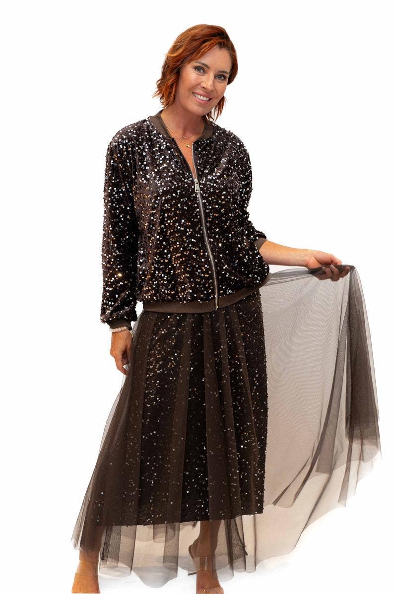 Trinny Skirt Chocolate- Sequin skirt with tulle overlay | Sterling Belle