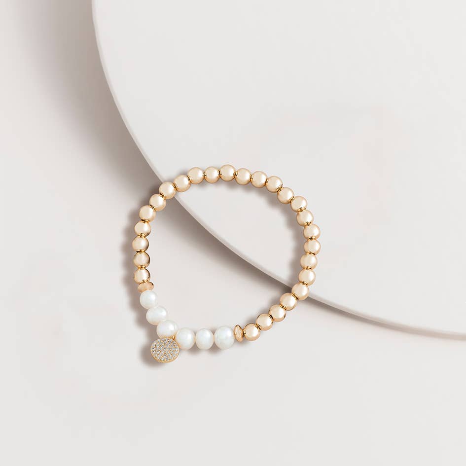 Freshwater Pearl and Pave Charm Bracelet: Yellow Gold 2