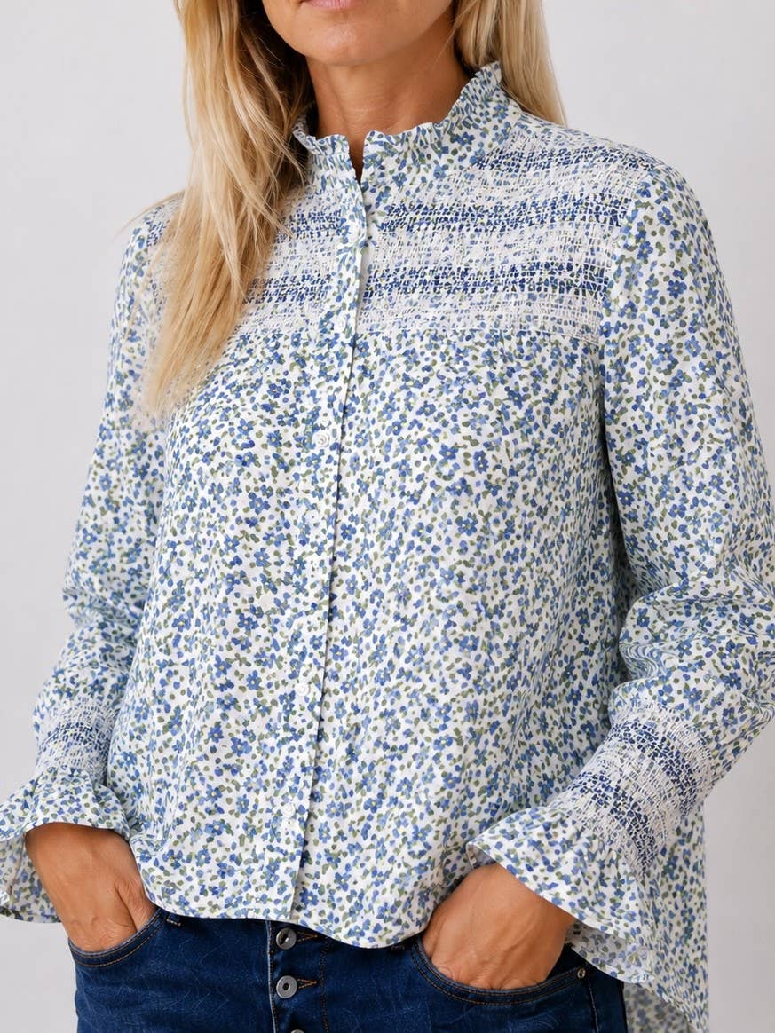 Who's Charlie Evie Floral Cotton Cambric Shirt- Blue Floral