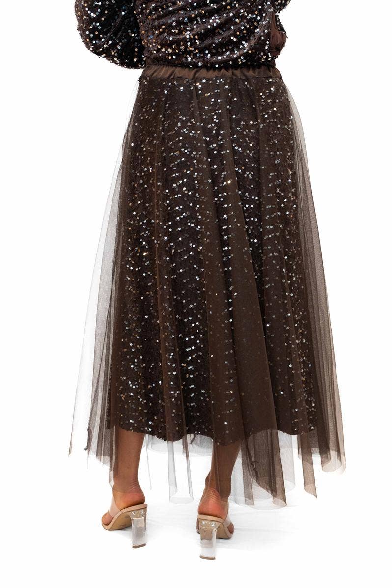 Trinny Skirt Chocolate- Sequin skirt with tulle overlay | Sterling Belle
