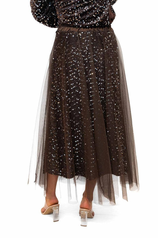 Trinny Skirt Chocolate- Sequin skirt with tulle overlay | Sterling Belle
