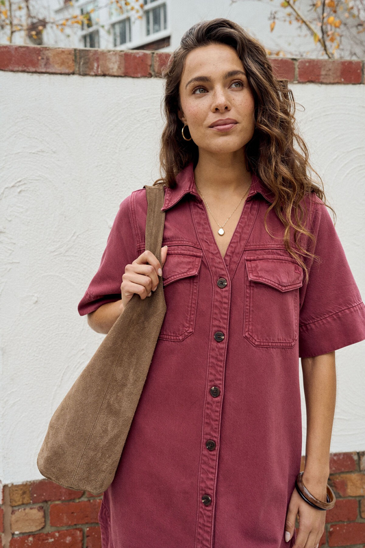 Bonnie Relaxed Shirt Denim Dress in Mulberry | cotton TENCEL™ twill button front dress